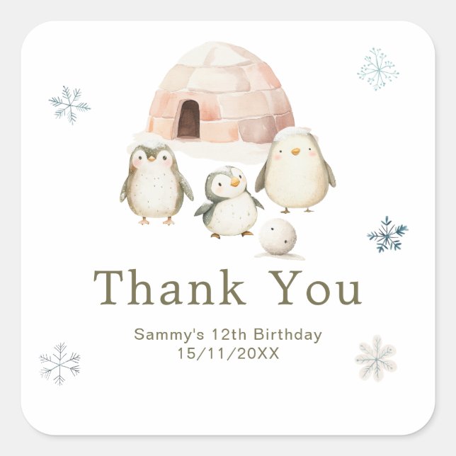 Pegatina Cuadrada Fiesta de cumpleaños de pingüinos adorables de inv (Anverso)