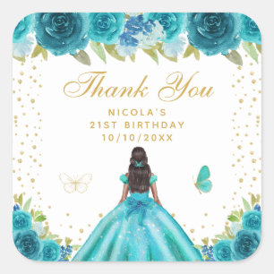 Pegatina Cuadrada Fiesta de Cumpleaños de Princesa de Piel Oscura co