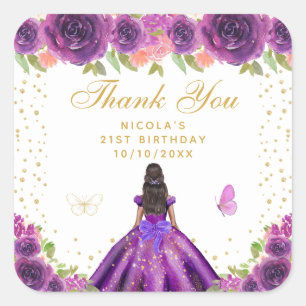 Pegatina Cuadrada Fiesta de Cumpleaños de Princesa de Piel Oscura co