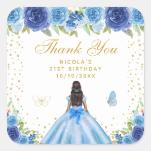 Pegatina Cuadrada Fiesta de Cumpleaños de Princesa de Piel Oscura co