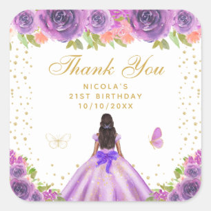 Pegatina Cuadrada Fiesta de Cumpleaños de Princesa de Piel Oscura co
