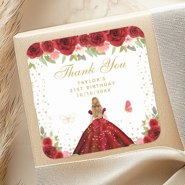 Pegatina Cuadrada Fiesta de cumpleaños de Princesas Florales Rojas (Subido por el creador)