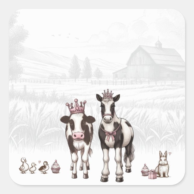 Pegatina Cuadrada Fiesta de cumpleaños de Princess Animals (Anverso)