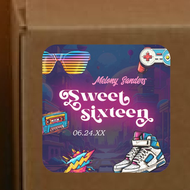Pegatina Cuadrada Fiesta de cumpleaños de Retro 80 (Subido por el creador)