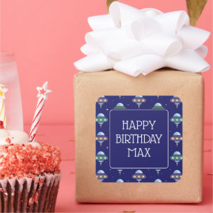 Pegatina Cuadrada Fiesta de cumpleaños de UFO Space