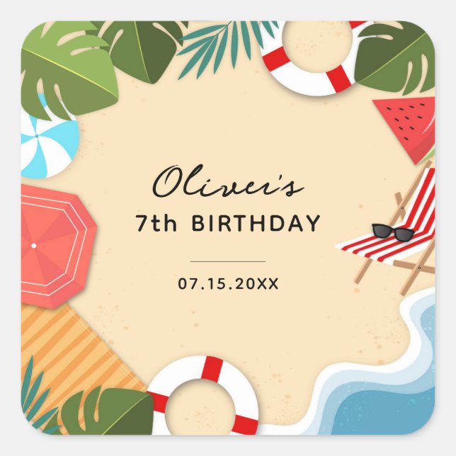 Pegatina Cuadrada Fiesta de cumpleaños de verano de Sandy Ocean Beac (Anverso)