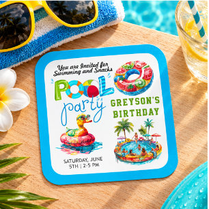 Pegatina Cuadrada Fiesta de Cumpleaños de Verano en la Piscina para
