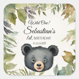 Pegatina Cuadrada Fiesta de cumpleaños de Wild One Woodland Bear