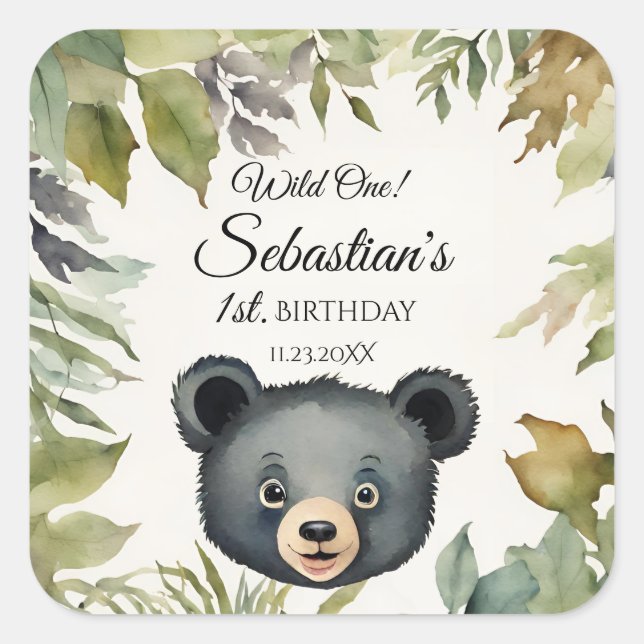 Pegatina Cuadrada Fiesta de cumpleaños de Wild One Woodland Bear (Anverso)