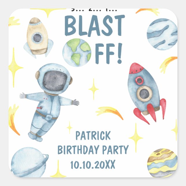 Pegatina Cuadrada Fiesta de cumpleaños del astronauta en el espacio (Anverso)