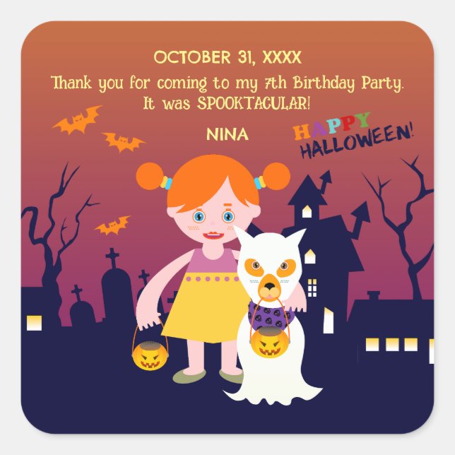 Pegatina Cuadrada Fiesta de cumpleaños del Chica de disfraces de Hal (Anverso)