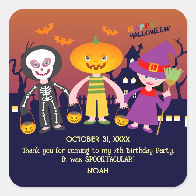 Pegatina Cuadrada Fiesta de cumpleaños del disfraz de Halloween (Anverso)