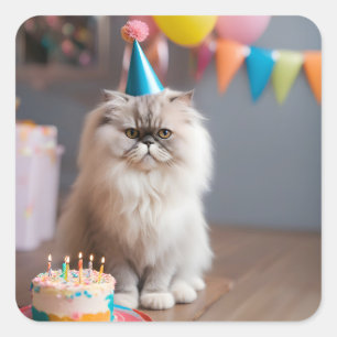 Pegatina Cuadrada Fiesta de cumpleaños del gato persa