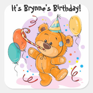 Pegatina Cuadrada Fiesta de cumpleaños del oso de peluche