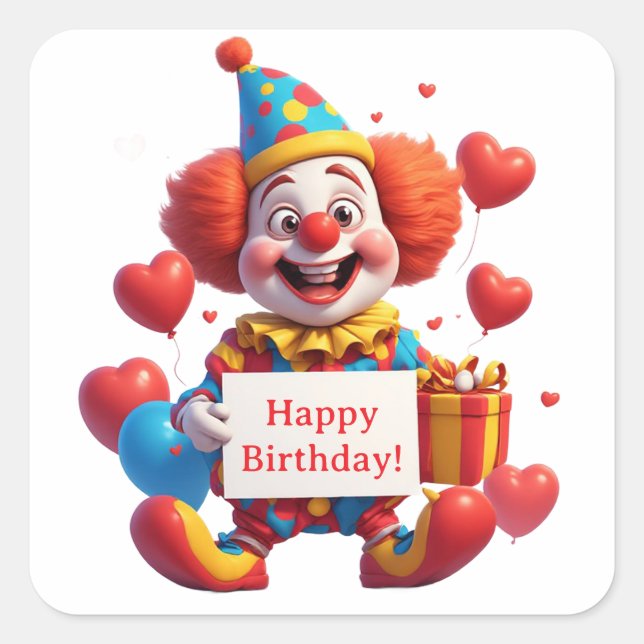 Pegatina Cuadrada Fiesta de cumpleaños del payaso feliz con globos d (Anverso)