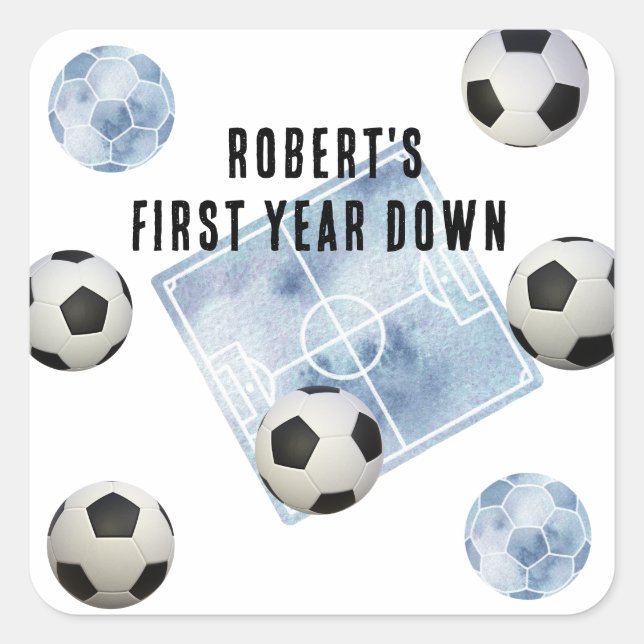 Pegatina Cuadrada Fiesta de cumpleaños del primer año de fútbol (Anverso)