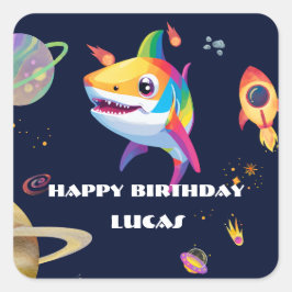 Pegatina Cuadrada Fiesta de cumpleaños del tiburón de la galaxia del