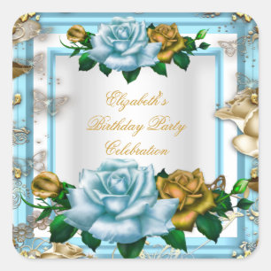 Pegatina Cuadrada Fiesta de cumpleaños elegante Rosas azules Crema d