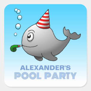 Pegatina Cuadrada Fiesta de Cumpleaños en la Piscina