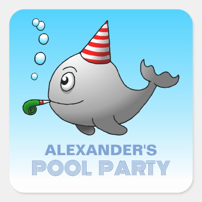 Pegatina Cuadrada Fiesta de Cumpleaños en la Piscina (Anverso)