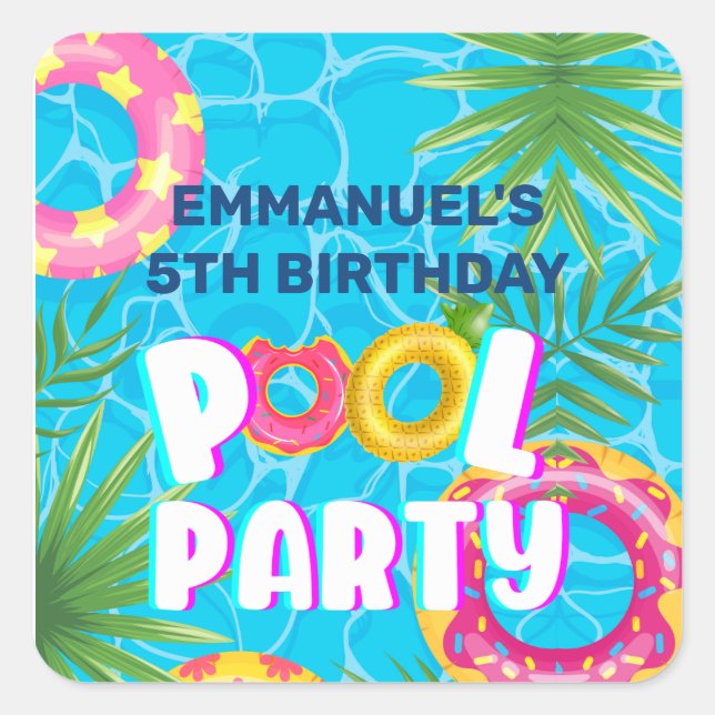 Pegatina Cuadrada Fiesta de Cumpleaños en la Piscina Tropical (Anverso)