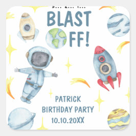 Pegatina Cuadrada Fiesta de cumpleaños espacial astronauta