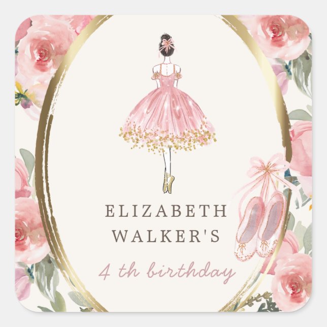 Pegatina Cuadrada fiesta de cumpleaños floral de ballerina princesa (Anverso)