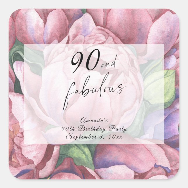 Pegatina Cuadrada Fiesta de cumpleaños floral vintage 90  (Anverso)