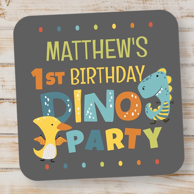 Pegatina Cuadrada Fiesta de Cumpleaños Infantil de Dino Dinosaurio M (Subido por el creador)