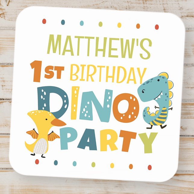 Pegatina Cuadrada Fiesta de Cumpleaños Infantil de Dino Dinosaurio M (Subido por el creador)