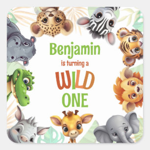 Pegatina Cuadrada Fiesta de cumpleaños infantil Safari Jungle Animal