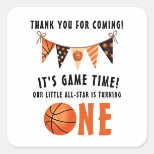 Pegatina Cuadrada Fiesta de cumpleaños número 1 de baloncesto