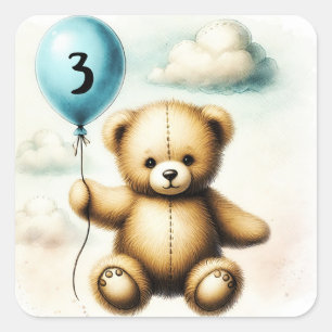 Pegatina Cuadrada Fiesta de Cumpleaños número 1 Globo Azul del Oso d