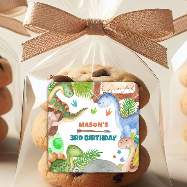 Pegatina Cuadrada Fiesta de cumpleaños número 3 de Niño Dinosaurio (Subido por el creador)