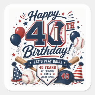 Pegatina Cuadrada Fiesta de cumpleaños número 40 de béisbol