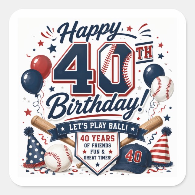 Pegatina Cuadrada Fiesta de cumpleaños número 40 de béisbol  (Anverso)