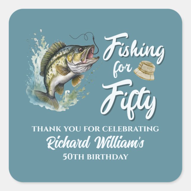 Pegatina Cuadrada Fiesta de cumpleaños número 50 de la pesca de cose (Anverso)