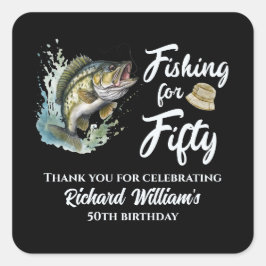 Pegatina Cuadrada Fiesta de cumpleaños número 50 de la pesca de cose