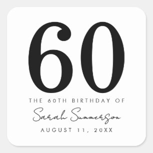 Pegatina Cuadrada Fiesta de cumpleaños número 60 Sesenta Negro Blanc