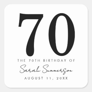 Pegatina Cuadrada Fiesta de cumpleaños número 70 negro blanco nombre