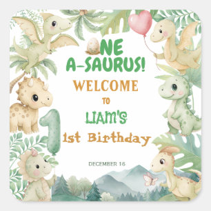 Pegatina Cuadrada Fiesta de cumpleaños número uno de Dinosaurio Uno-