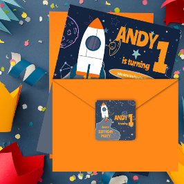 Pegatina Cuadrada Fiesta de Cumpleaños Número Uno en el Espacio Exte