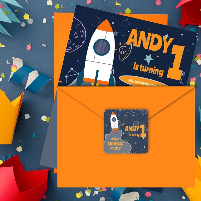 Pegatina Cuadrada Fiesta de Cumpleaños Número Uno en el Espacio Exte (Gender Neutral Outer Space First Birthday Party Square Sticker)