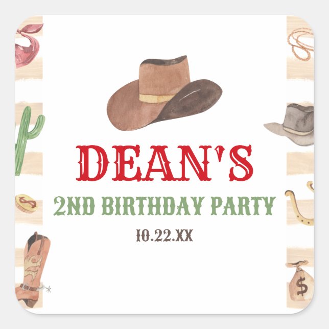Pegatina Cuadrada Fiesta de cumpleaños occidental de Rodeo Cowboy We (Anverso)