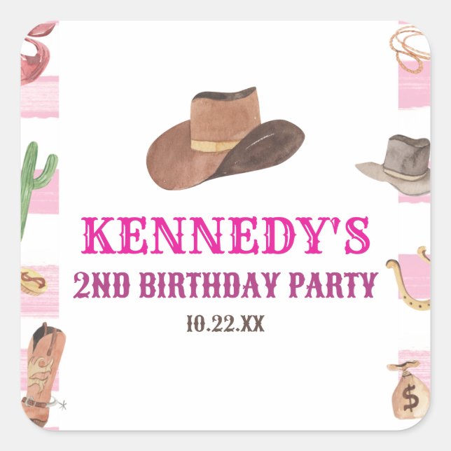 Pegatina Cuadrada Fiesta de cumpleaños occidental de Rodeo Cowgirl W (Anverso)