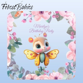Pegatina Cuadrada Fiesta de cumpleaños para bebé y mariposa Adorable