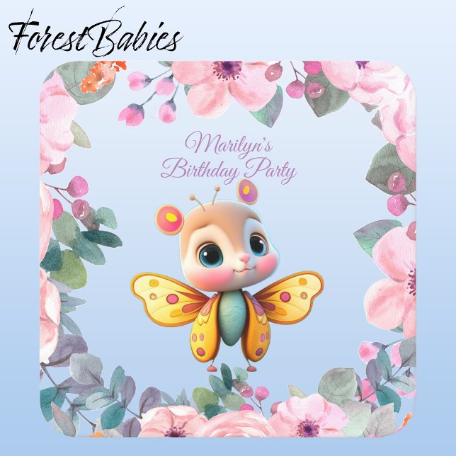 Pegatina Cuadrada Fiesta de cumpleaños para bebé y mariposa Adorable (Butterfly Girl 🦋 Pink Floral 🌸 ForestBabies Customizable Birthday Party Square Sticker)
