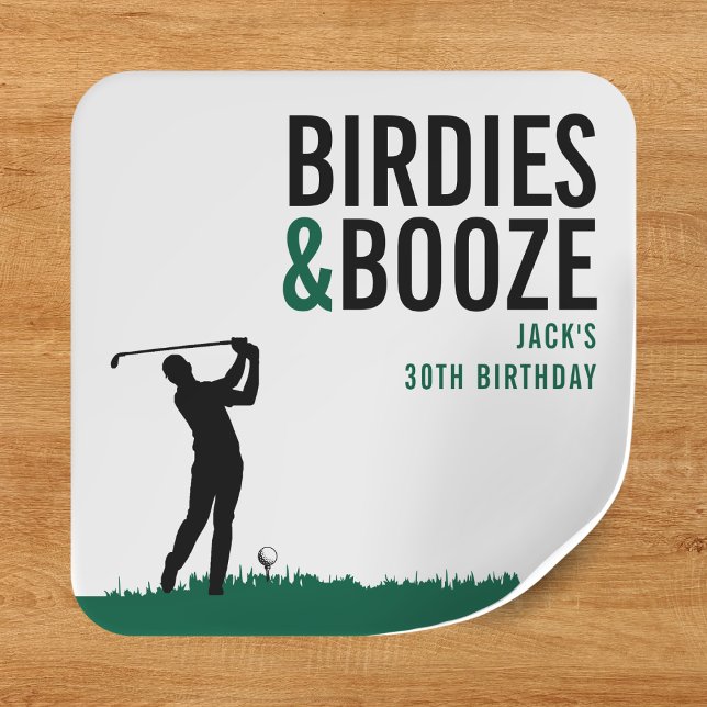 Pegatina Cuadrada Fiesta de cumpleaños para el golf de adultos Birdi (Birdies & Booze Adult Golf Birthday Party Square Sticker
)