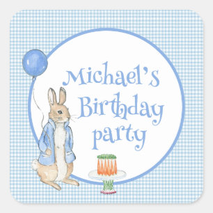 Pegatina Cuadrada Fiesta de cumpleaños personalizada de conejo azul