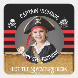 Pegatina Cuadrada Fiesta de cumpleaños pirata con foto y texto perso